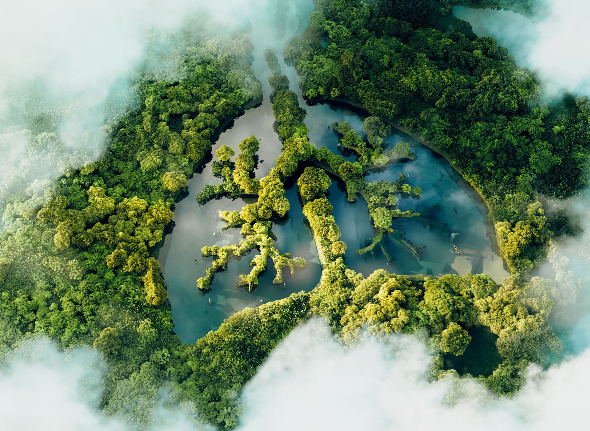 A conceptual image showing a lung-shaped lake в lush and pristine jungle. 3d-рендерінг.